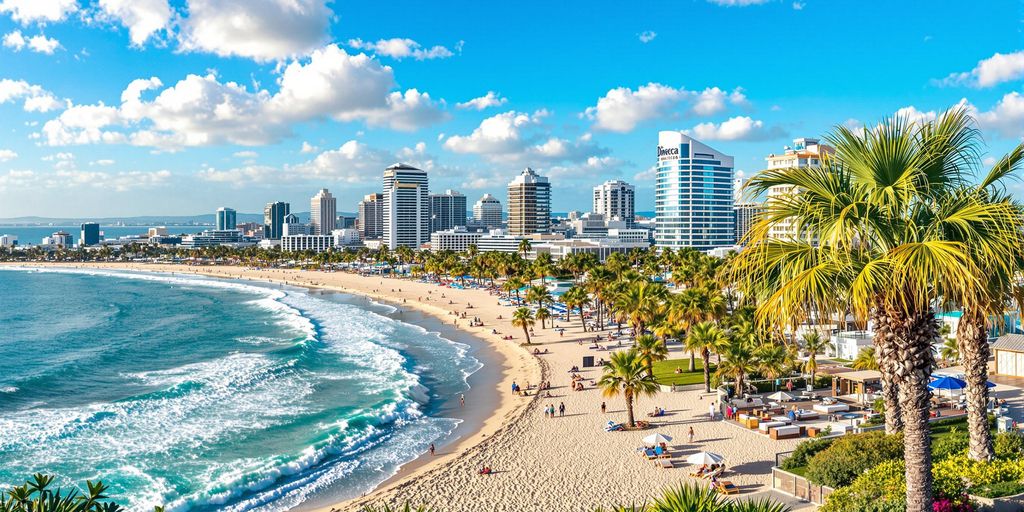 San Diego skyline with hotels and beach under blue sky.