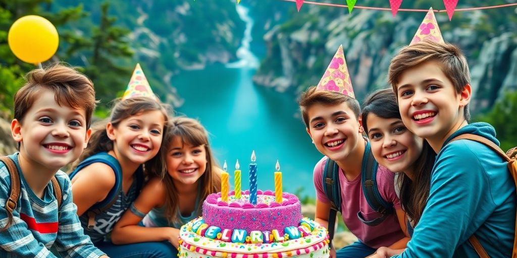 Teenagers celebrating a birthday outdoors with joyful expressions.