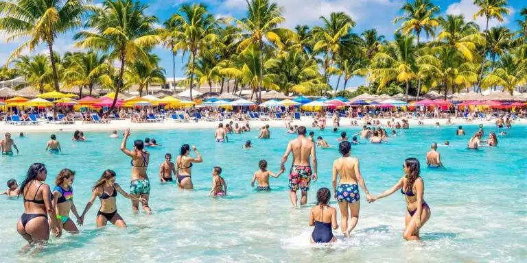 Families relaxing on a beautiful beach at a resort.