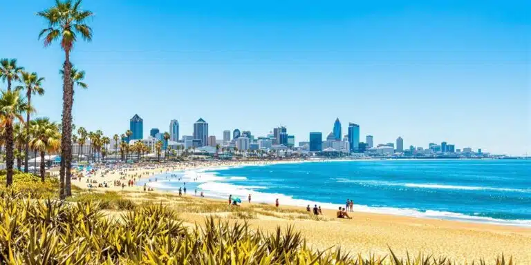 San Diego beach with skyline and palm trees.