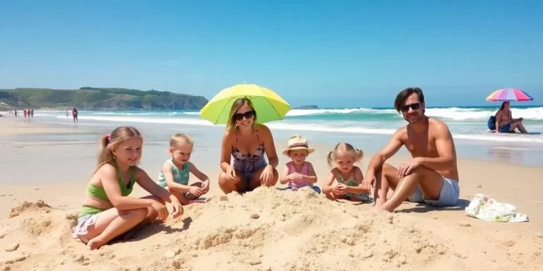 Family enjoying a sunny beach day on the East Coast.