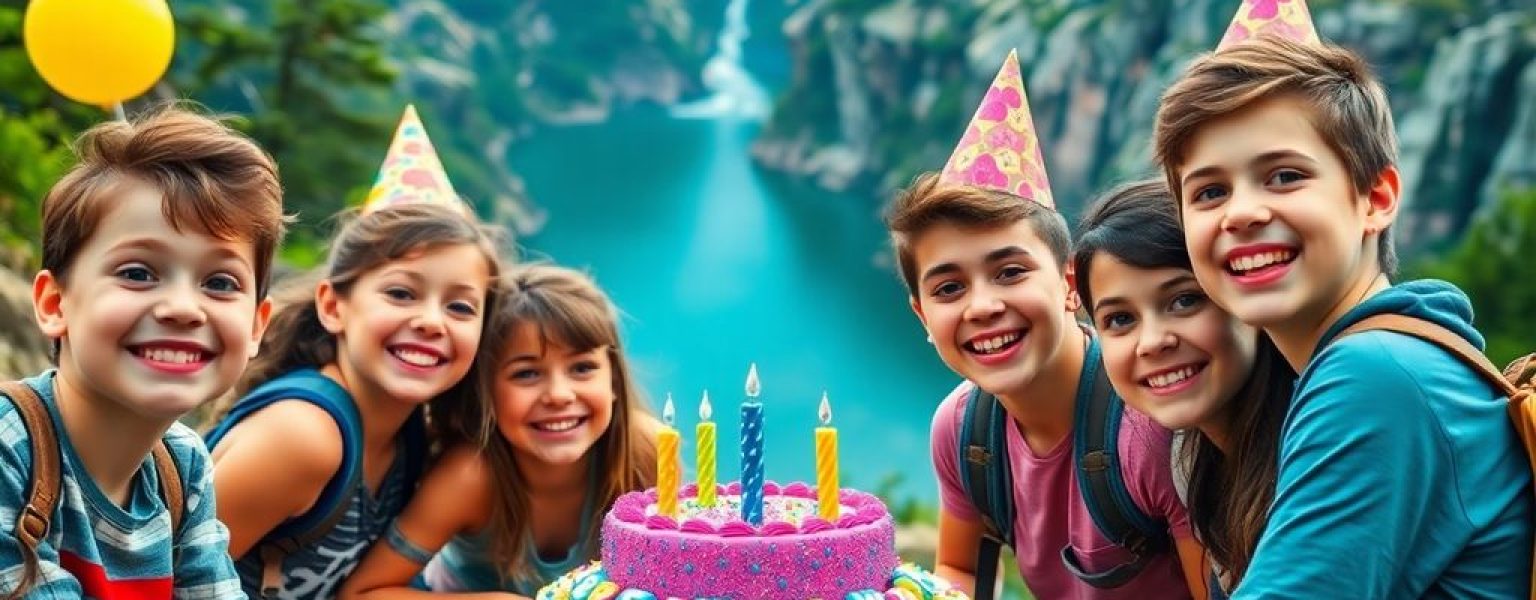 Teenagers celebrating a birthday outdoors with joyful expressions.