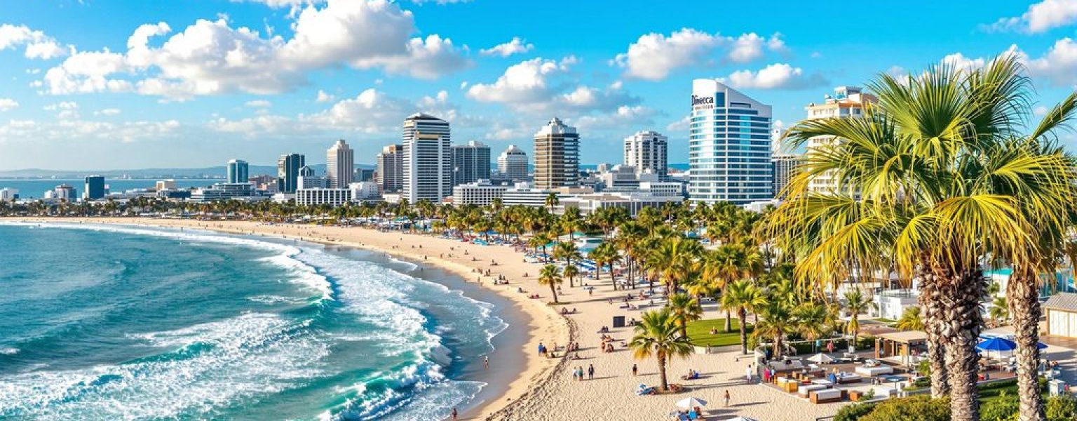 San Diego skyline with hotels and beach under blue sky.